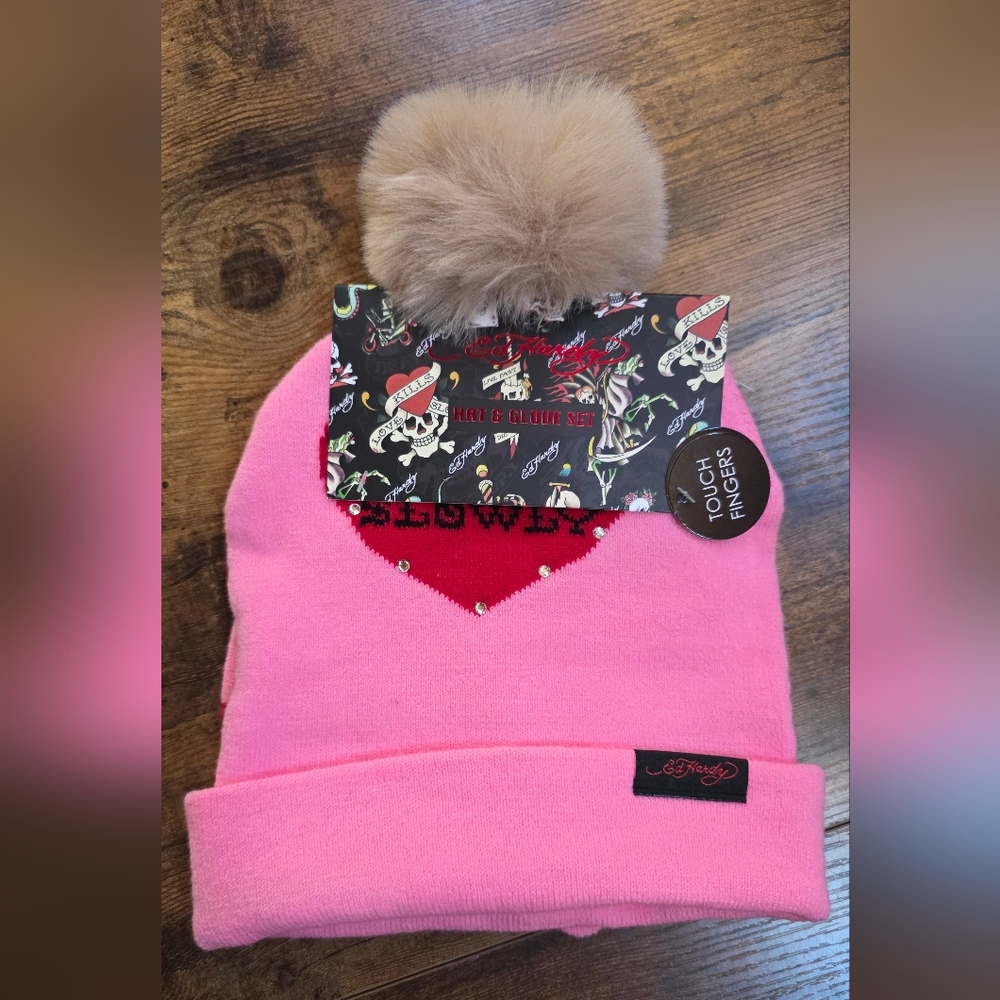 Ed Hardy Pink Beanie with Heart Design
